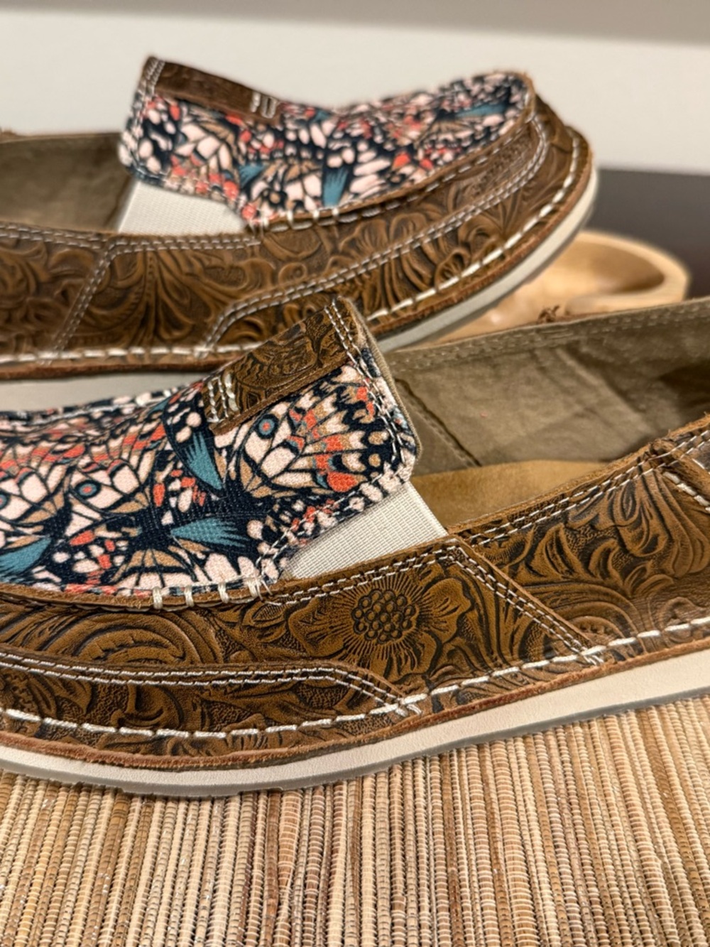 Ariat Brown Tooled Leather Slip-On Loafers with Floral Fabric